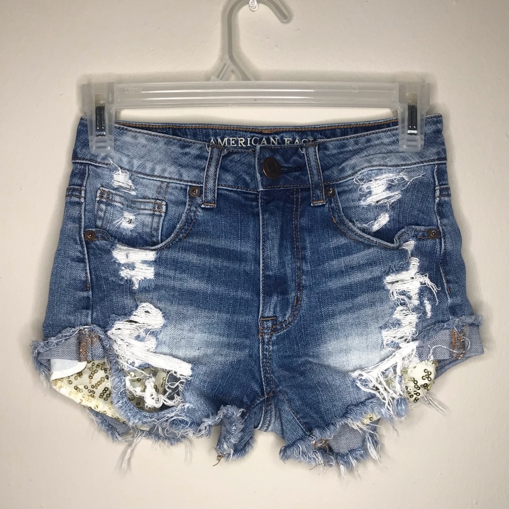 American Eagle Hi Rise distresses Festival Shorts